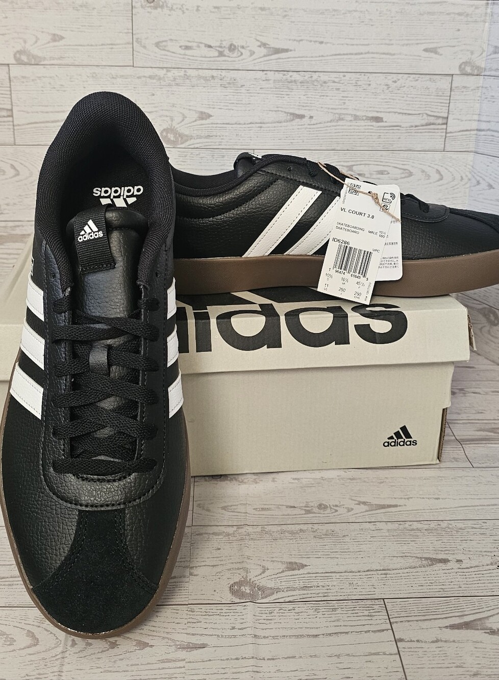 adidas VL Court 3.0 Men’s Low Top Leather Sneakers Black/White/Gum Size 11